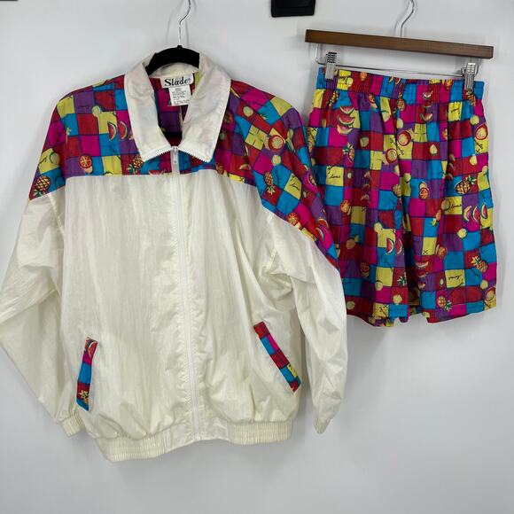 Vtg Slades Windbreaker Shorts Jacket Outfit Neon & White 100% Nylon Women Small - Picture 9 of 9